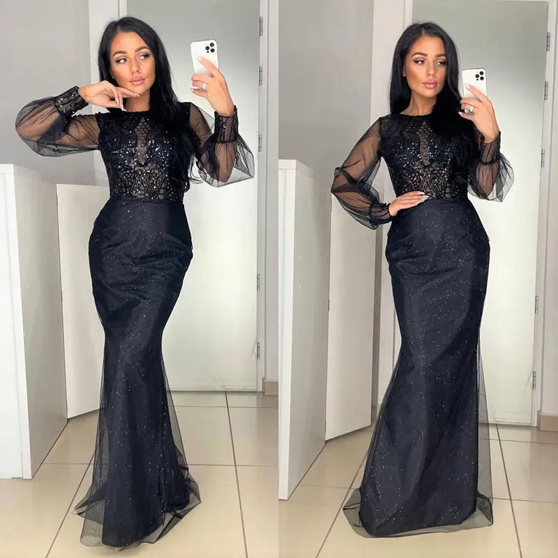 Black Long Sleeves Sparkly Lace Top Mermaid Long Tulle Prom Dress, PD3291