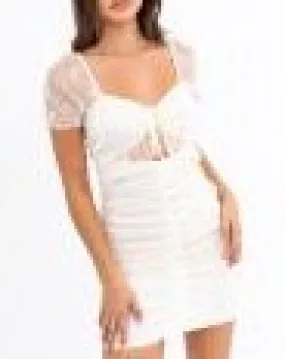 Short Sleeve Daisy Embroidered Mesh Ruch Cut Out Tie Mini Dress